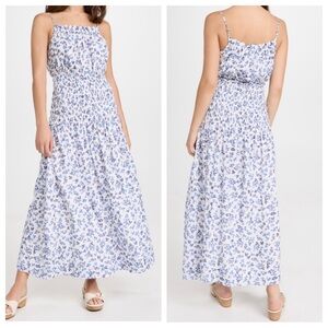Sundry Ditsy Smocked Maxi Dress Midi High Neck Floral Printed Summer Flowy White